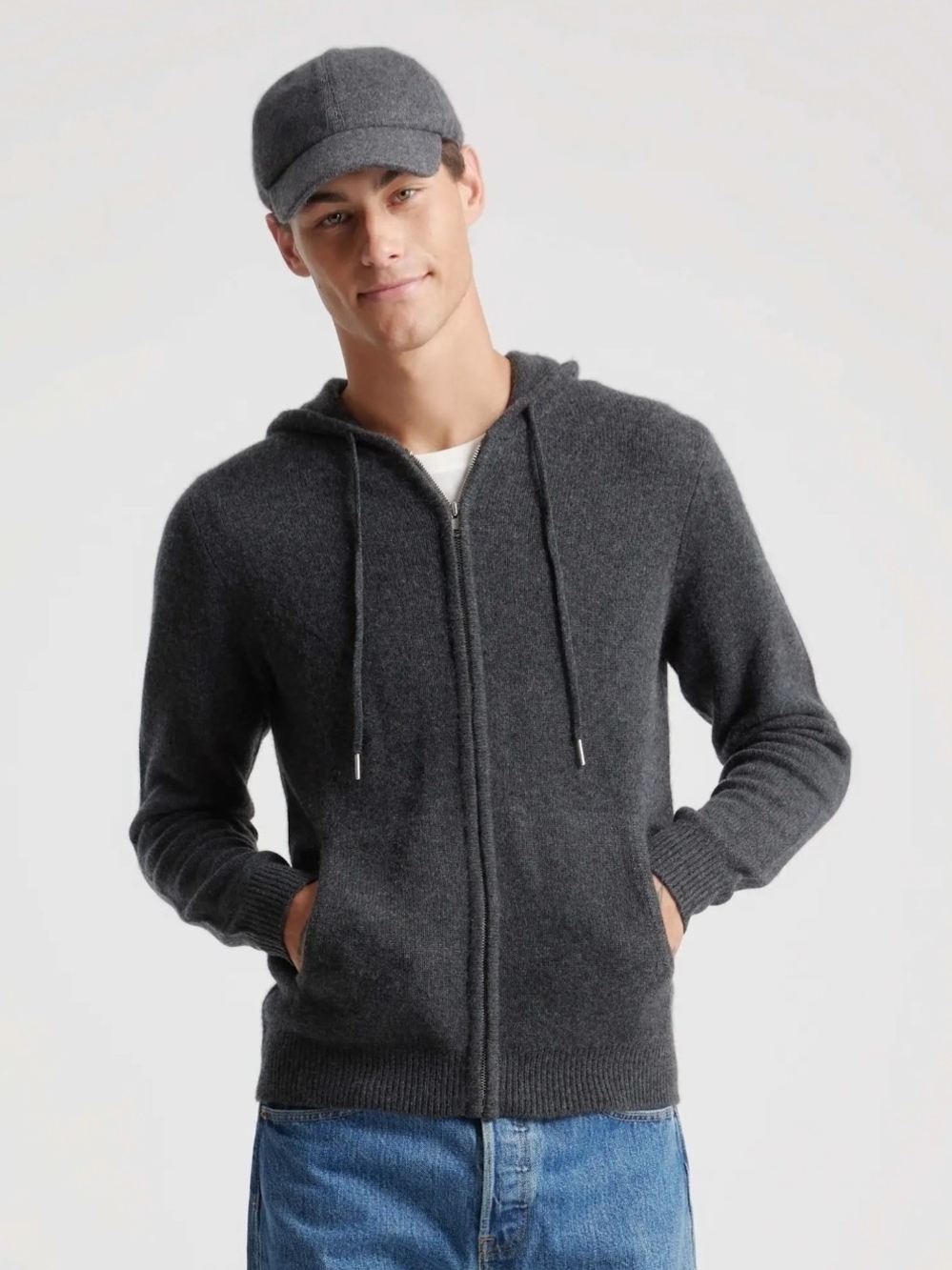 Quince Mongolian Cashmere Full-Zip HoodieMen's, Charcoal, Sz L, Nwt